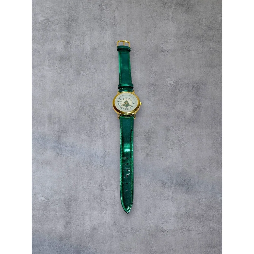 Kitch Fun Christmas Tree Watch Green Gold Vintage Rotating Hand
